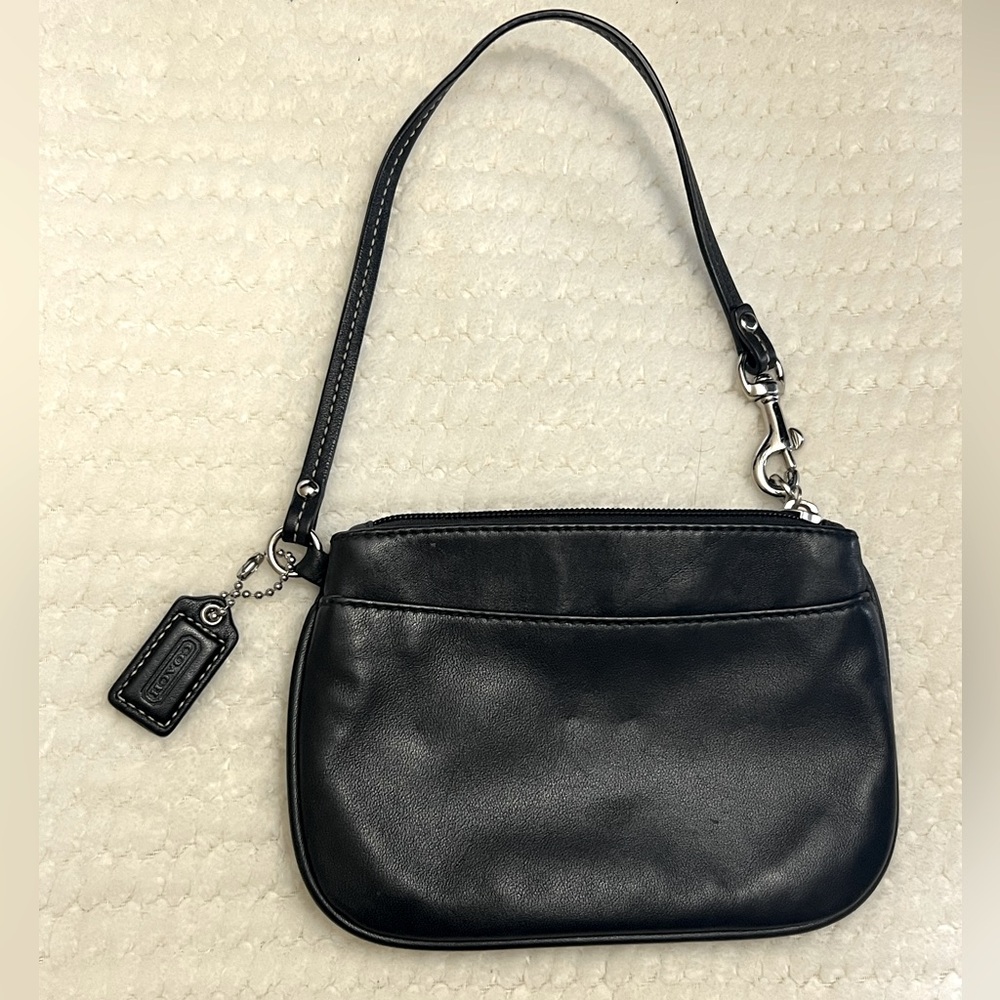Coach Black Leather Wristlet with Blue Interior and Coach Hang Tag -- OS